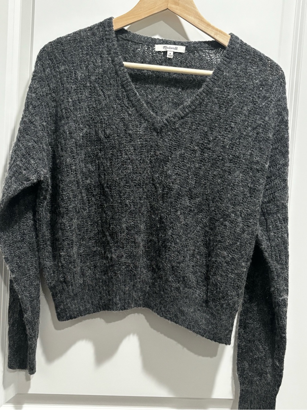 Madewell Charcoal Gray Cropped V-Neck Knit Sweater- Alpaca